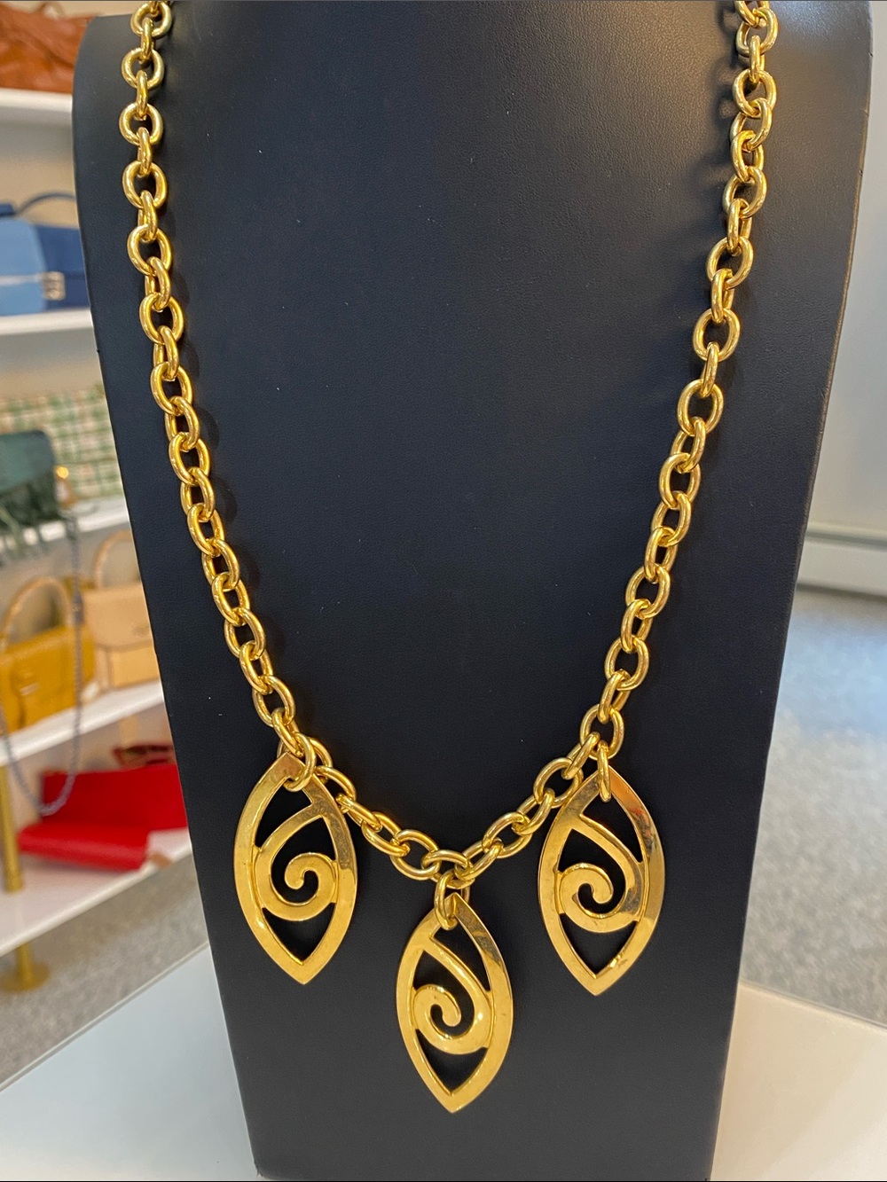 Gold-tone Triple Leaf Pendant Chain Necklace